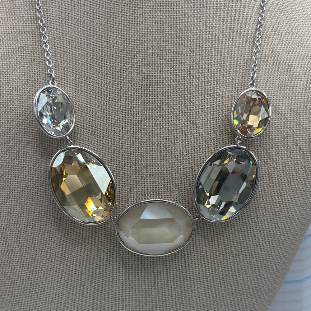 Statement Oval Multi-Stone Necklace in Gold and Clear Tones - Picture 2 of 4